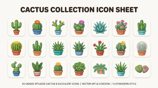 Cactus collection icons of assorted potted succulents.