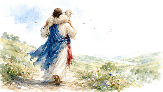 Jesus Hugging a Lamb While Walking Across a Peaceful Countryside