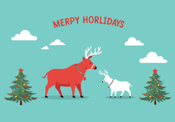 A red and white reindeer with Christmas trees and clouds © Luffy