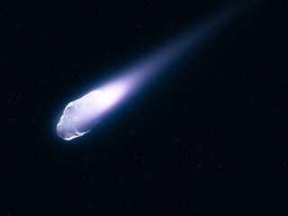 Dangerous comet in space. Beautiful comet tail. Meteorite on black background. Astronomical object. Celestial body. © Nazarii
