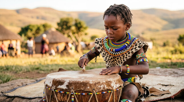 Zulu boy beads savanna cultural portrait childhood heritage tradition child folk detail in beadwork within warm rural landscape reflecting Southern African heritage and community identity with unique
