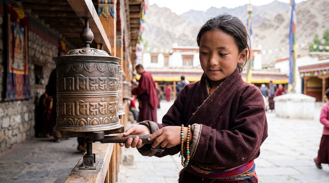 Tibetan boy monastery cultural portrait childhood heritage mountain tradition child regional story in mountain monastery environment with prayer objects and calm spiritual cultural atmosphere for