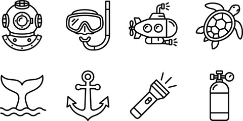 Underwater adventure icons with diving helmet snorkel mask submarine turtle whale tail anchor flashlight scuba tank © MDMOJIBAR