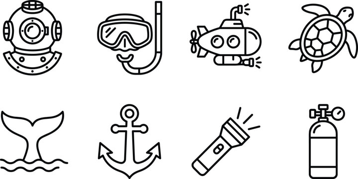 Underwater adventure icons with diving helmet snorkel mask submarine turtle whale tail anchor flashlight scuba tank