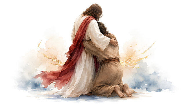 Jesus Hugging a Kneeling Man in Prayerful Comfort and Forgiveness