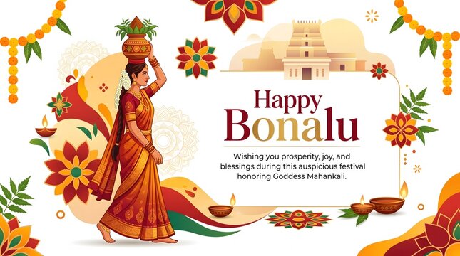 Happy bonalu festival greeting with traditional woman carrying
