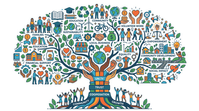 Stylized community tree illustration representing social unity symbol with icons for cooperation growth sustainability and local business development