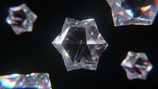 Transparent glass stars refracting light in dark space for fantasy magic concept and abstract video