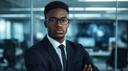 Fototapeta premium Young black man wearing glasses and suit standing confidently in office 
