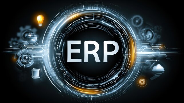 Several elements show the concept of enterprise resource planning with symbols related to business and technology
