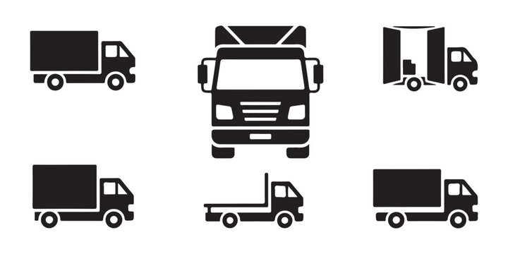 Set of 6 black delivery truck vector icons showing various models, side views, front view, open rear.