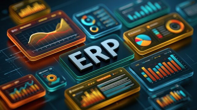 Charts and graphs display financial data related to ERP systems in a digital format for business analysis and decision making