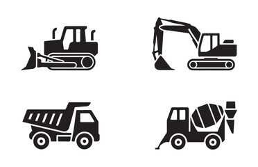 Fototapeta premium Heavy construction machinery icon set featuring bulldozer excavator dump truck and concrete mixer vehicles.