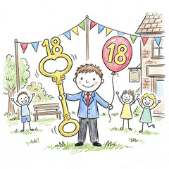 Cute crayon drawing of coming of age ceremony around the world, young adult milestone illustration