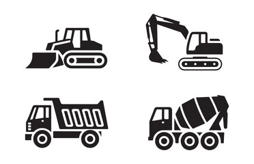 Industrial heavy machinery icons including tracked excavator bulldozer dumper truck and cement mixer drum. © MSTGIRATUN