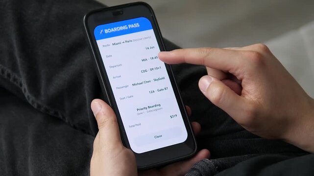 Close-up of a phone screen displaying precise flight details: departure time, arrival time, and gate information. The clarity aids smooth travel planning. Perfect for flight tracking apps, digital