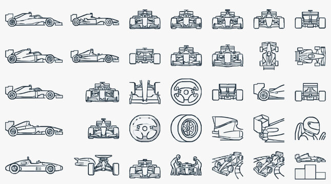 Professional Black and White Line Drawing Set of Racing Car Components Vehicles and Pit Crew Scenes for Designers and Engineers