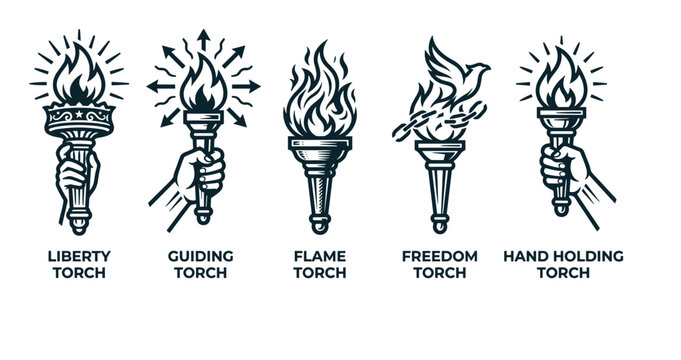 Various torch icons representing liberty, guidance, and enlightenment are depicted in a monochrome, vintage-inspired illustration style.
