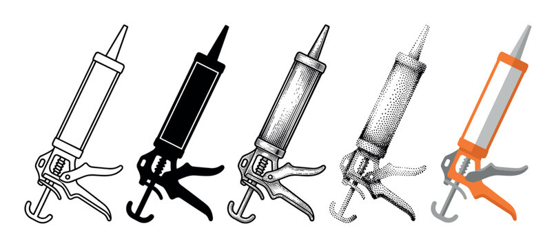 Caulk gun sealant applicator tool set vector illustration depicting various artistic styles for construction and home improvement projects.
