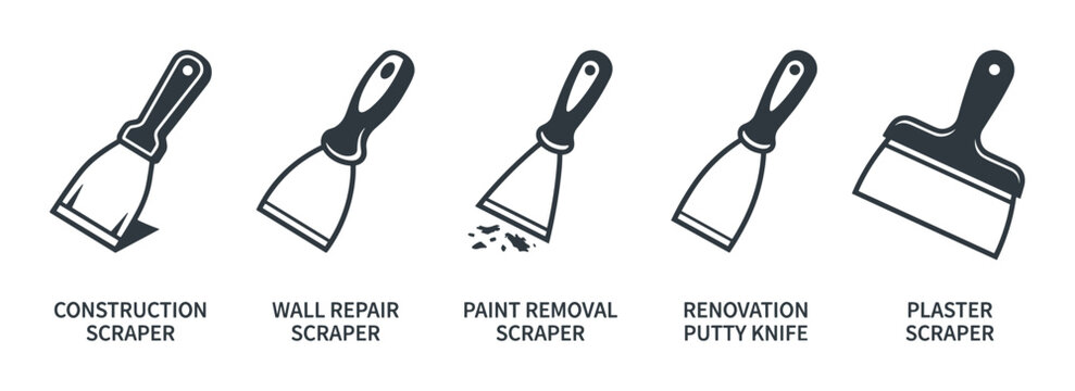 Various construction scrapers and putty knives for renovation work, including wall repair, paint removal, and plaster application tasks.