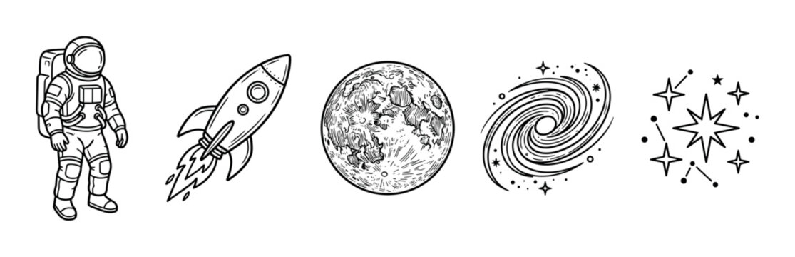 Astronaut rocket moon galaxy stars vector line art illustrations depicting various elements of space exploration and celestial bodies.