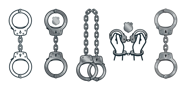 Handcuffs set various styles depicting law enforcement, arrest, justice, and security concepts with a modern illustrative design, including cuffed hands and police badge.
