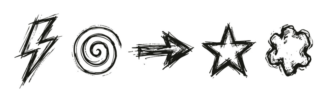 Grunge hand drawn lightning bolt spiral arrow star cloud vector illustration set featuring rough distressed brush stroke textures and dynamic abstract shapes.