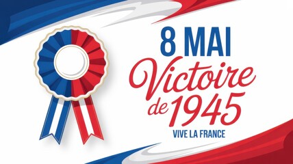 French Victory Day Ribbon With 8 May 1945 Celebration Banner On White Background
