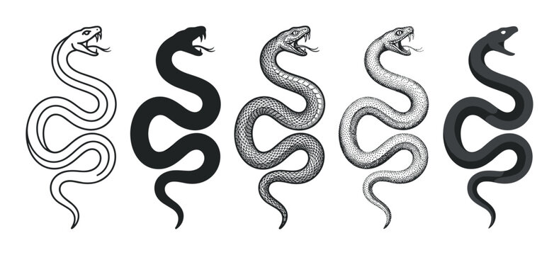 Five different stylized snake illustrations showcasing various artistic drawing techniques, including detailed engraving, stippling, line art, and solid silhouette designs.