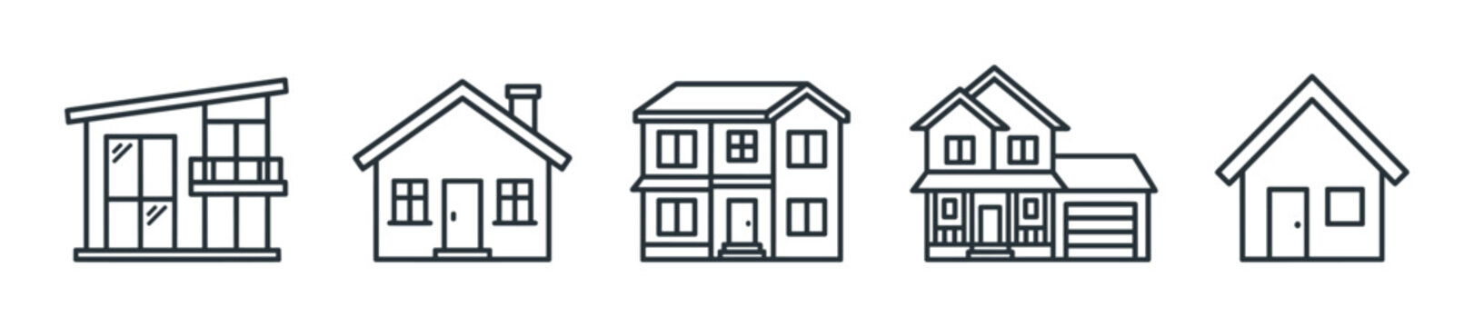 Various outline house icons depicting different architectural styles of residential buildings, homes, and property types for real estate concepts.