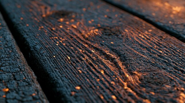 Natural yakisugi burnt wood planks with warm sunset light