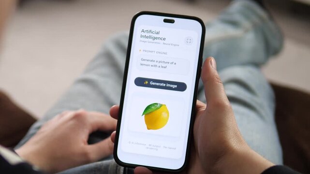 an AI image generation result on a smartphone. The interface shows the input prompt and the resulting lemon image below. Ideal for illustrating AI creativity, machine learning, and digital art