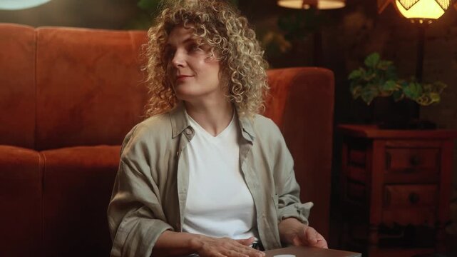 Horizontal video of disappointed curly haired woman closing laptop after unsuccessful workday and feeling frustrated at home. High quality 4k footage