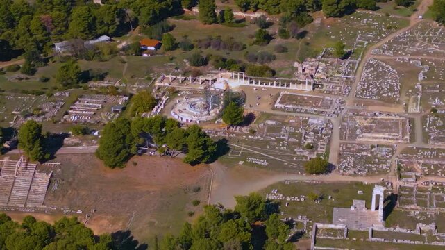 Aerial view of the ruins beside the greek amphitheater Epidauros 210 52 in Greece. On a sunny noon in autumn. 