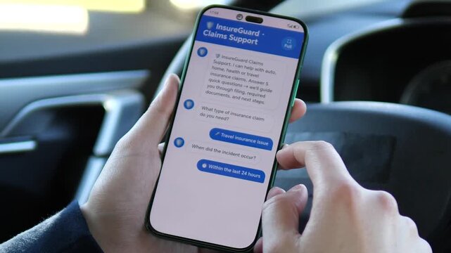 User progressing through a multi-step insurance claims questionnaire. The chat interface guides the user logically. Ideal for AI chatbots, smart forms, and user-driven data collection stock footage.