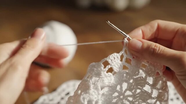 Tight close-up of adult hands crocheting delicate white lace with thin cotton yarn and small metal hook; right hand guides stitch placement while left hand keeps yarn taut in soft warm light