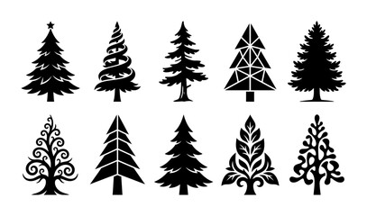 Obraz premium Christmas Tree Silhouette Vector Set Featuring Diverse Stylized Pine and Fir Evergreen Designs for Holiday Decor