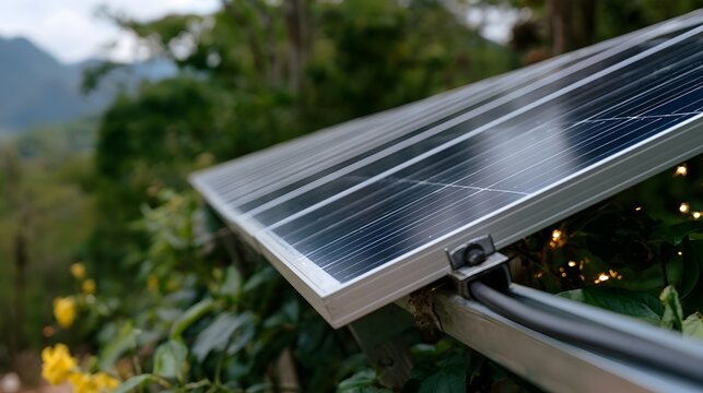 A heavy duty solar panel installation generates sparks set against a peaceful natural backdrop symbolizing sustainable energy development