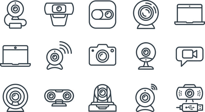 Webcam and video conference technology thin line icon set with computer camera and livestream symbols
