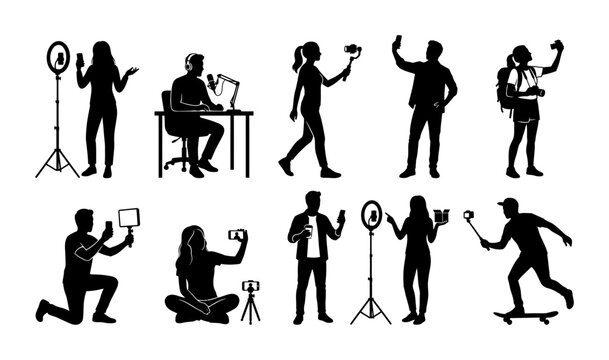 Social Media Content Creator Silhouettes Collection Featuring Vlogging Video Production and Streaming Influencer Poses
