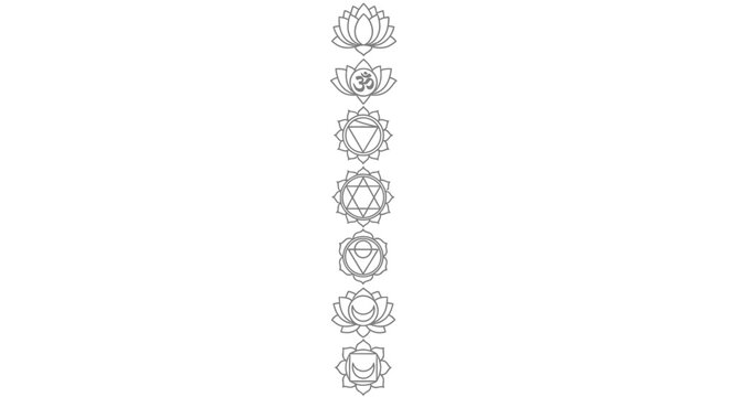 Seven chakra symbols spiritual energy centers outline illustration