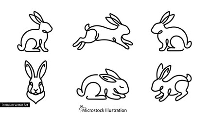 Obraz premium A line art illustration of six rabbits in various poses showcasing line art.
