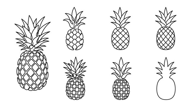 A set of line art pineapples in various styles and patterns