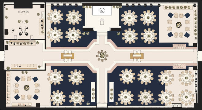 A restaurant floor plan with various seating areas and tables (1)