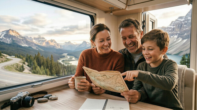 Woman, man and kid looking at map inside motorhome with mountain view from window. Family planning road trip route during travel holiday. Freedom and lifestyle in mobile home camper.
