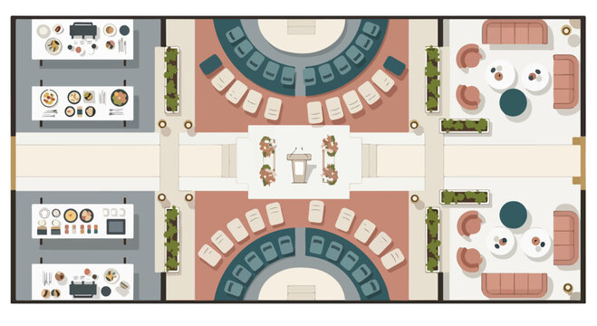 A restaurant floor plan with various seating areas and tables