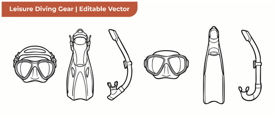 Scuba diving gear vector icons of snorkeling masks, fins, and snorkels in clean black line art outline style isolated on white background for summer recreation, water sports, beach vacation designs. © Dinali