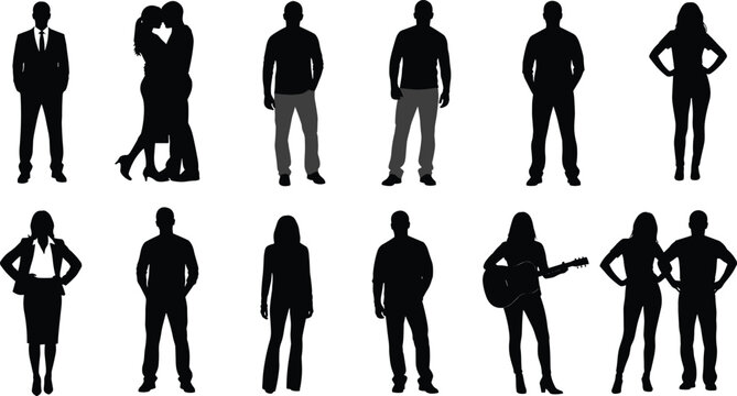 People silhouettes vector illustration with diverse poses, casual stances, guitar playing, couple interaction, body language identity representation