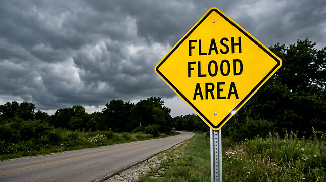 Yellow flash flood area warning sign on a rural road under dark stormy clouds