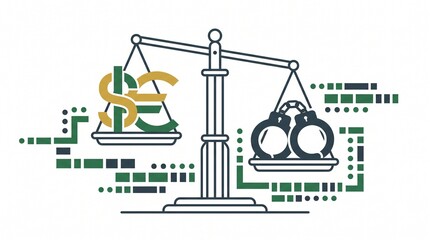 Naklejka premium Modern Vector Illustration of Justice Scales Balancing Currency Symbols and Handcuffs, Concept of Financial Crime, Money Laundering, and Legal Consequences on Tech Background